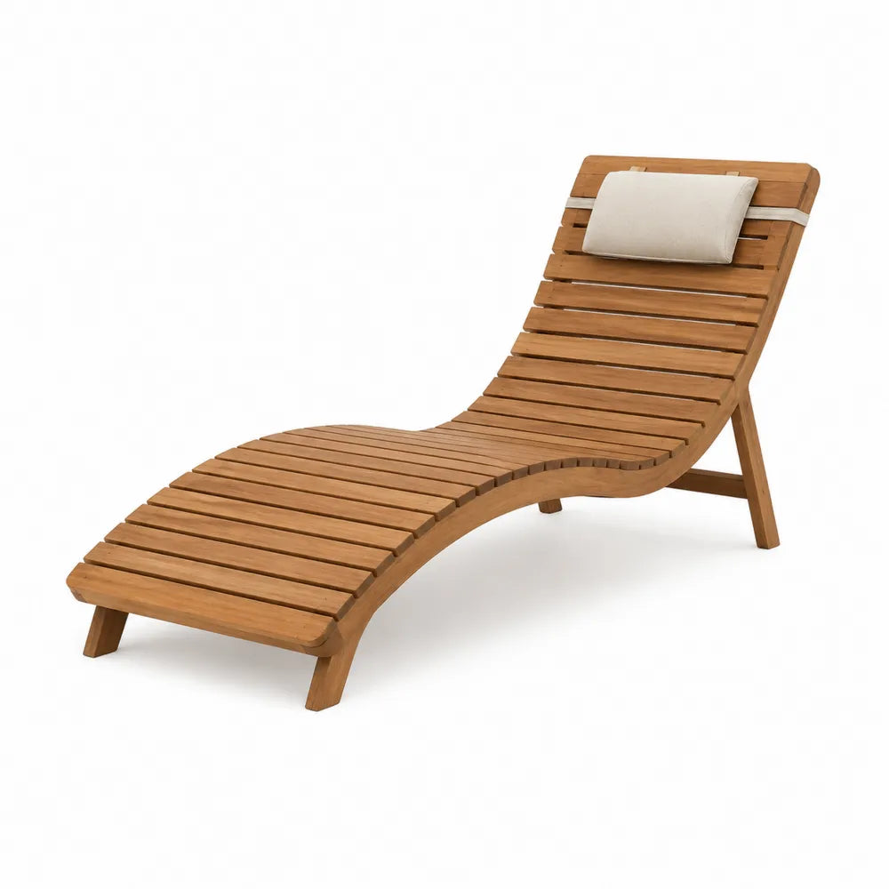 Chaise longue de jardin courbée 195 x 60 x 75 cm bois d'acacia massif lattes marron clair avec coussin beige