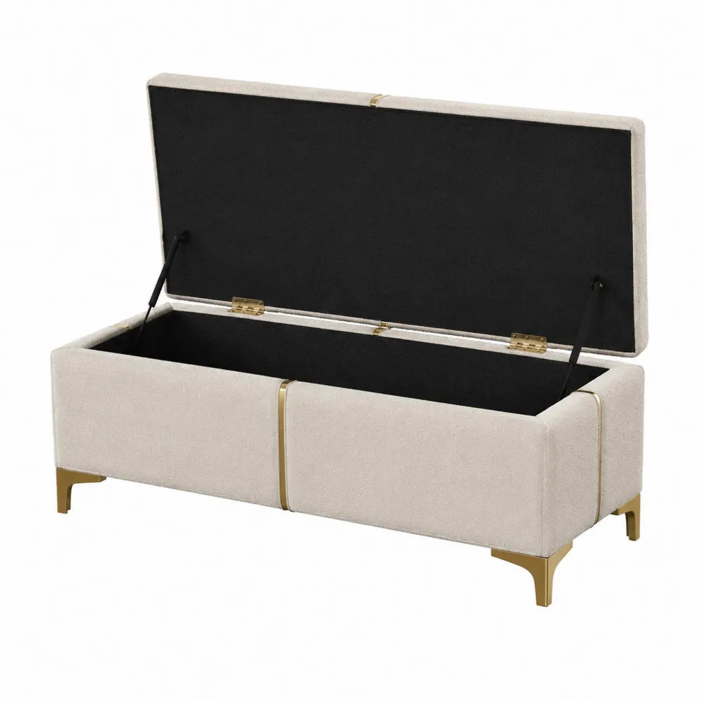 Banc coffre de chambre rectangulaire 100 x 40 x 45 cm en tissu bouclé écru et pieds métalliques dorés