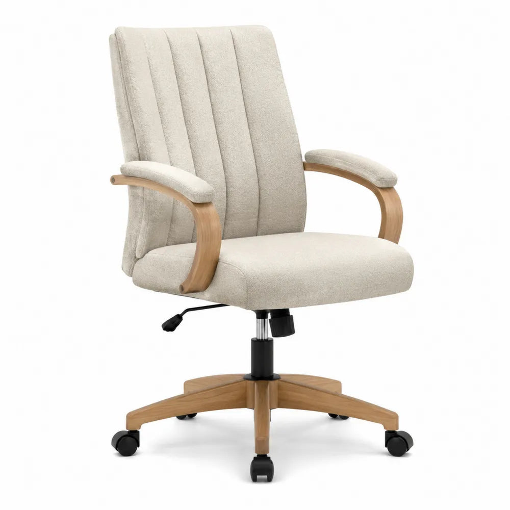 Chaise de bureau pivotante réglable 68 x 66 x 108-122 cm en tissu polyester bouclé écru avec accoudoirs en hévéa naturel et roulettes