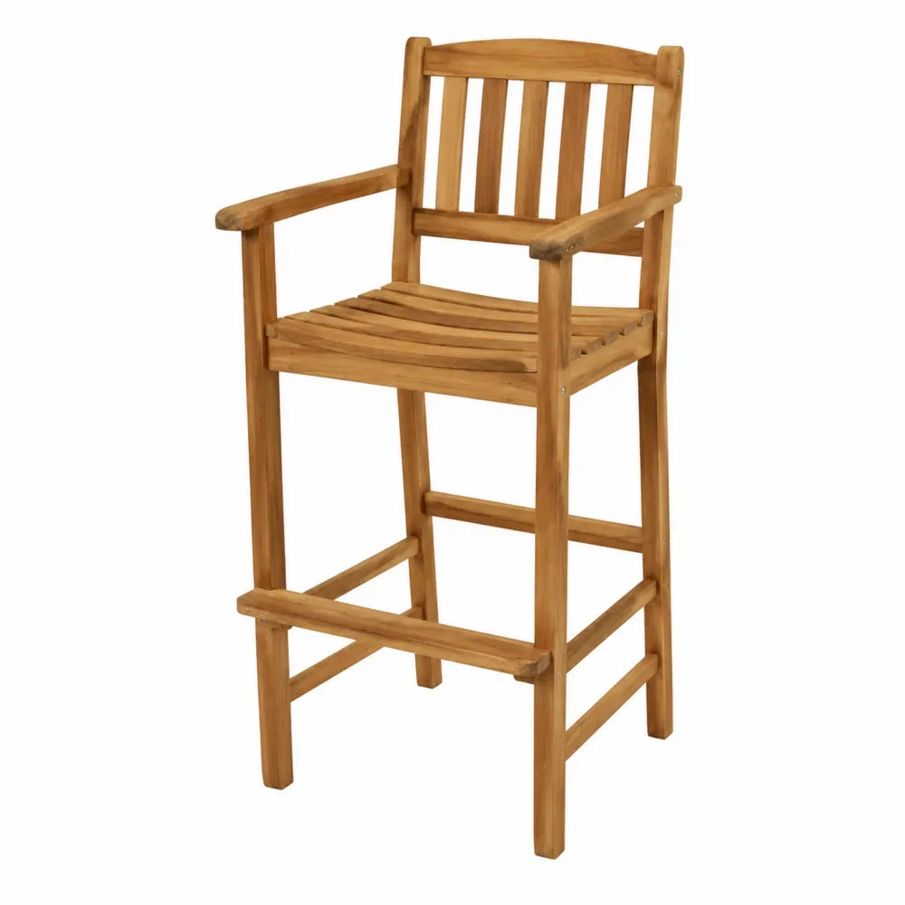 Tabouret de bar extérieur 56 cm L 58 cm P 115 cm bois acacia massif huilé couleur miel avec accoudoirs et dossier à lattes