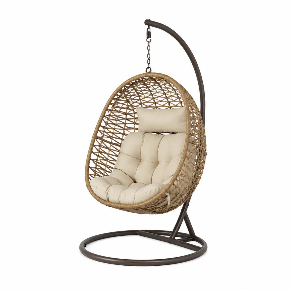 Fauteuil suspendu œuf de jardin 105 x 105 x 198 cm en résine tressée beige et acier avec coussin écru