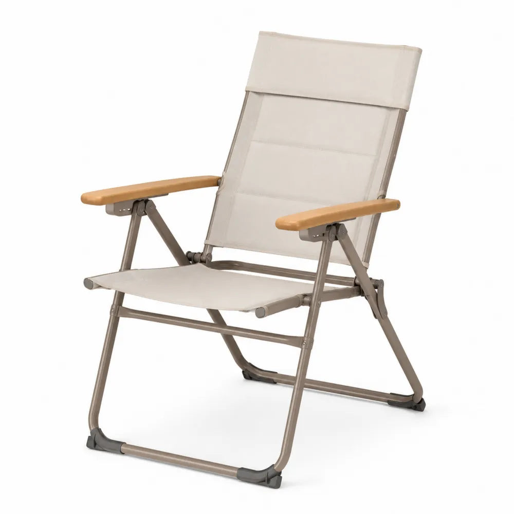 Chaise de jardin pliante inclinable avec accoudoirs en bois structure acier thermolaqué beige et toile polyester
