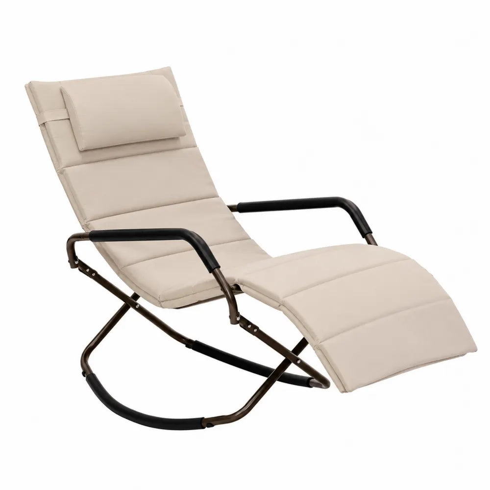 Chaise longue à bascule de jardin 150 x 68 x 95 cm acier thermolaqué brun coussin polyester beige avec appuie-tête
