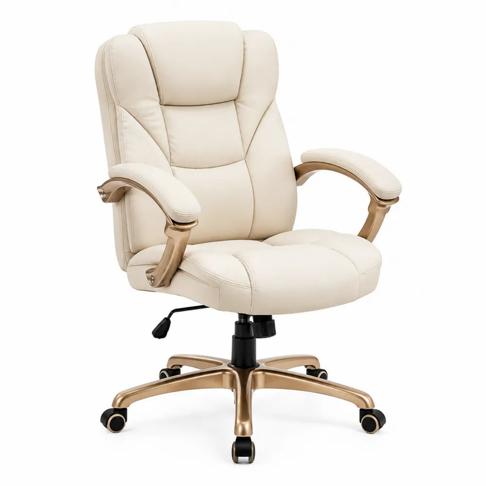 Chaise de bureau pivotante 68 x 72 x 112-122 cm en similicuir PU crème avec piètement doré et roulettes