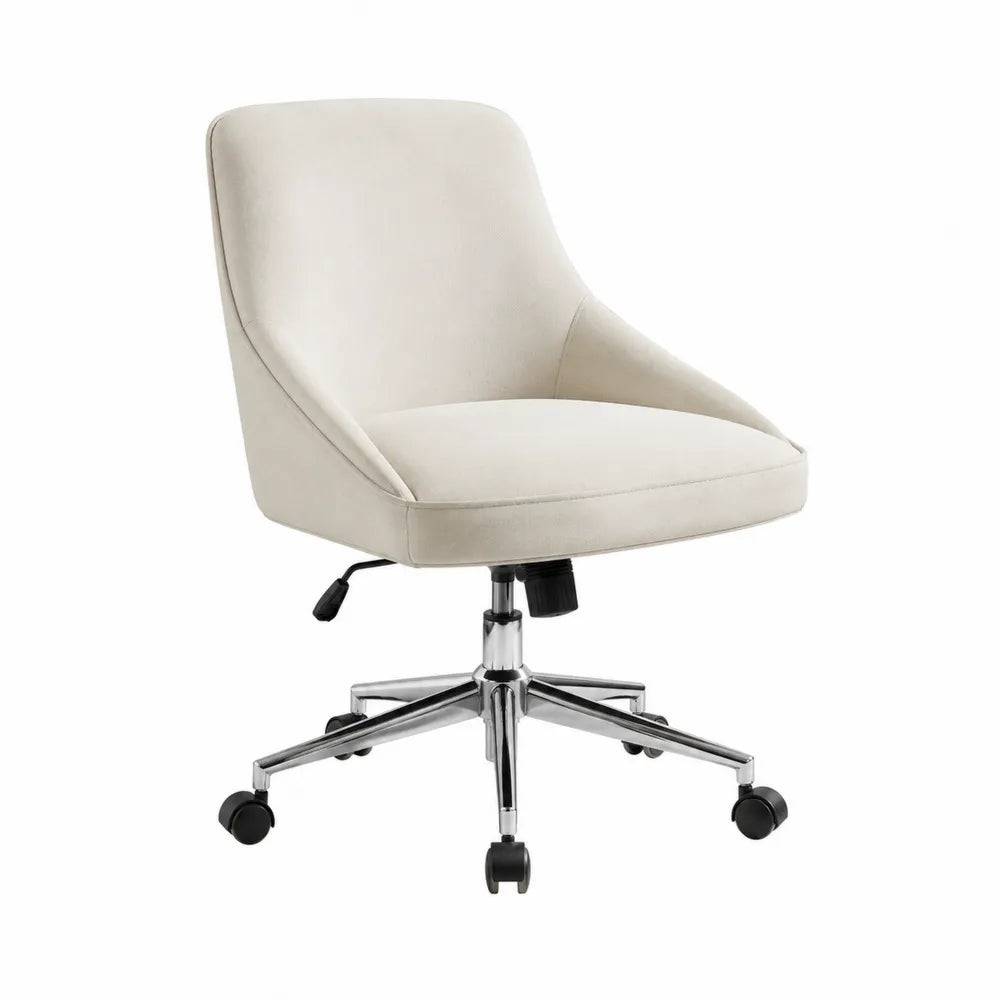Chaise de bureau pivotante 58 x 60 x 86 cm en polyester velours beige avec base en acier chromé et roulettes