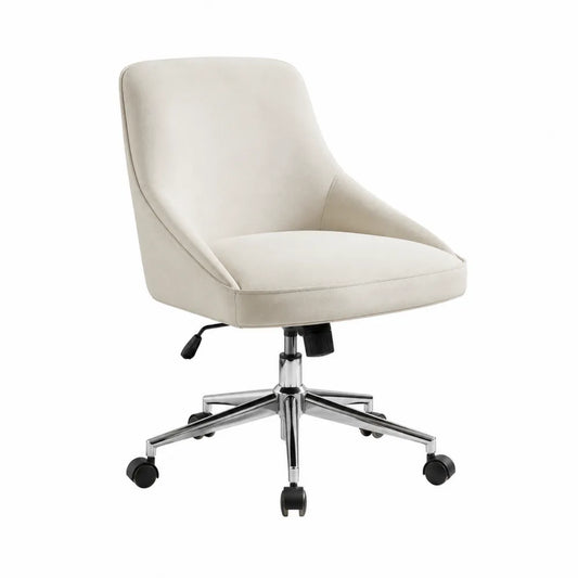 Chaise de bureau pivotante 58 x 60 x 86 cm en polyester velours beige avec base en acier chromé et roulettes