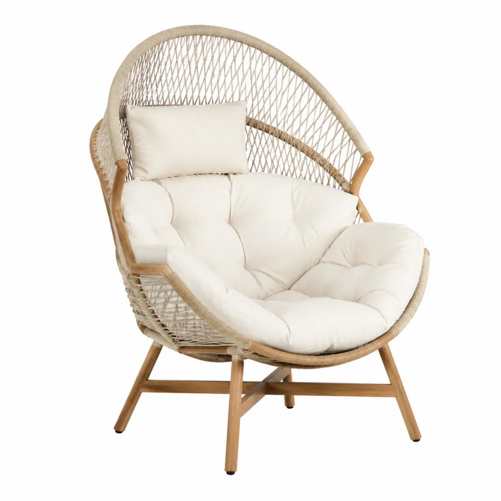 Fauteuil de jardin papasan rond cordage PE beige bois d'acacia coussin écru 100 x 95 x 145 cm