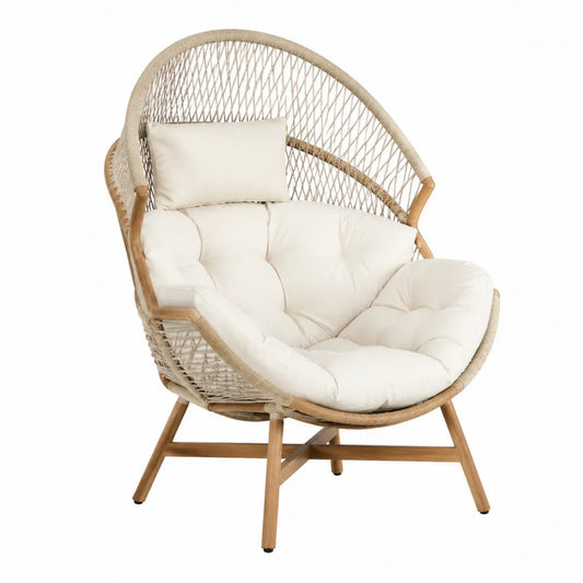 Fauteuil de jardin papasan rond cordage PE beige bois d'acacia coussin écru 100 x 95 x 145 cm