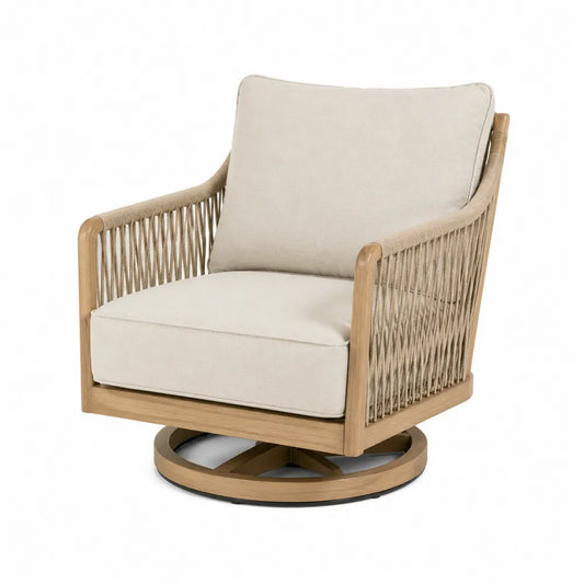 Fauteuil de jardin pivotant en bois d’acacia et cordage beige avec coussins écru et base circulaire 80 cm x 80 cm x 85 cm