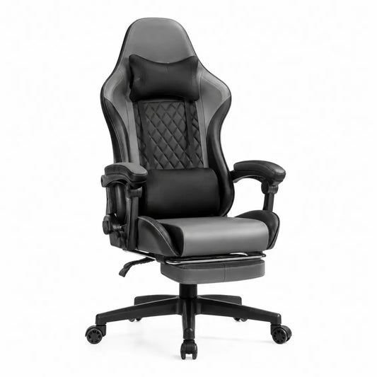 Chaise gaming de bureau avec repose-pieds 68 x 70 x 124-134 cm en similicuir PU noir et gris avec base pivotante