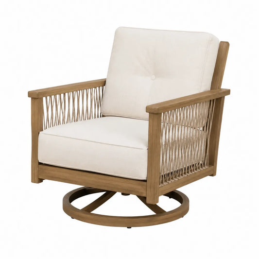 Fauteuil de jardin pivotant avec coussins bois massif corde tressée beige base circulaire