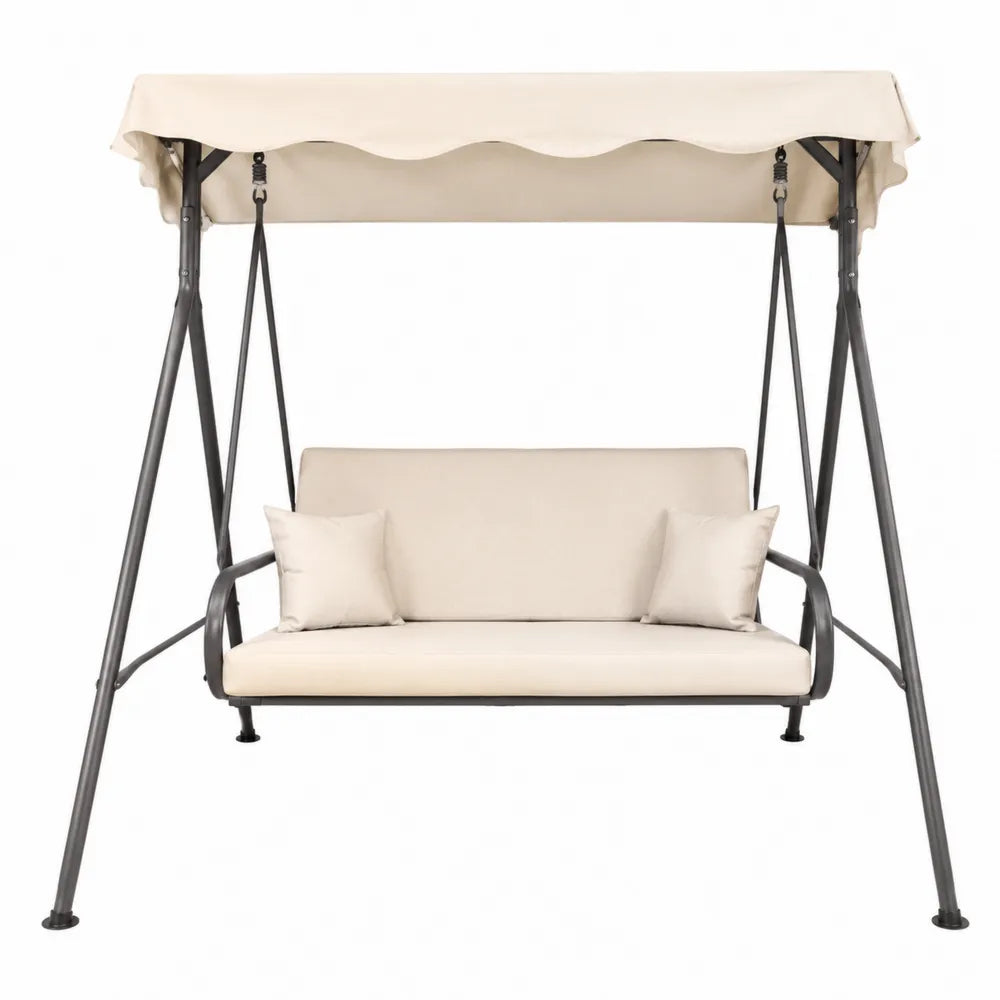 Balancelle de jardin 3 places acier thermolaqué anthracite coussins crème avec toit 170 x 110 x 153 cm