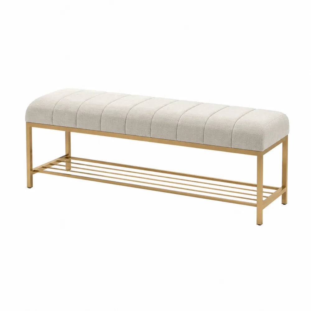 Banc de chambre rectangulaire avec étagère et coussin cadre acier doré et panneau bois naturel et tissu écru
