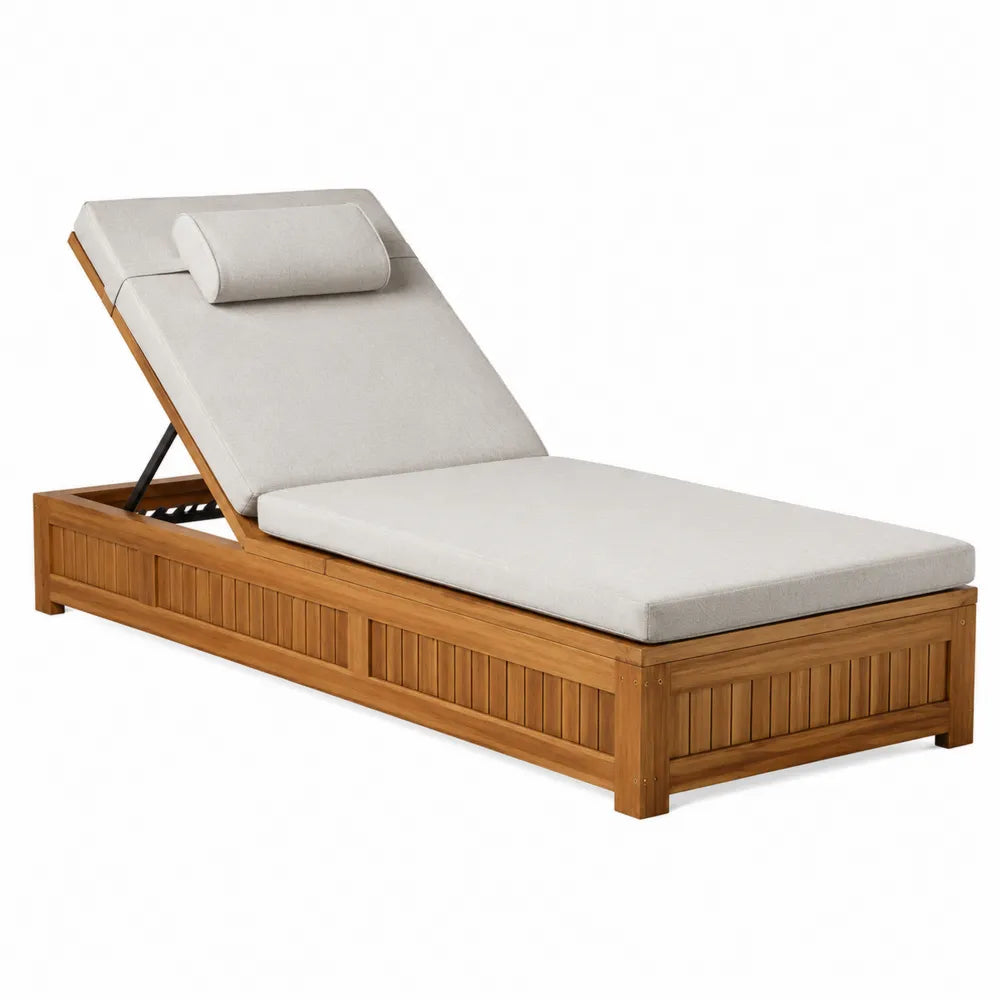 Chaise longue de jardin en bois d’acacia avec coussins beige dossier inclinable et structure naturelle