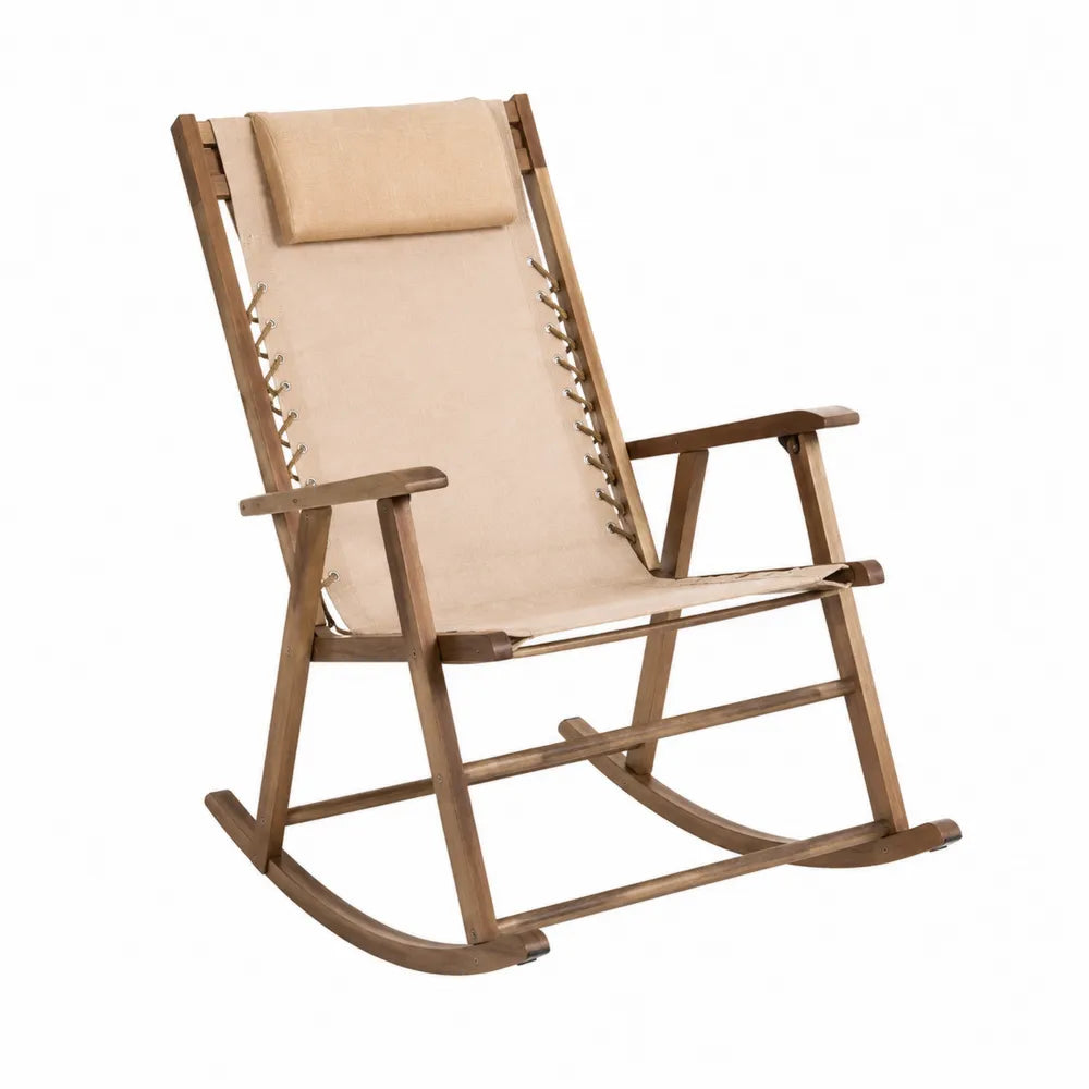 Fauteuil à bascule de jardin en bois d’acacia avec toile polyester beige 98 x 68 x 110 cm