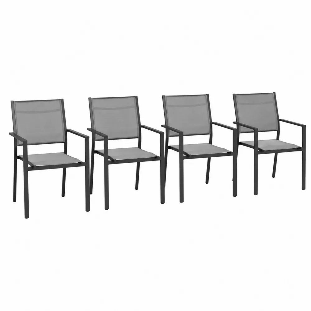 Lot de 4 fauteuils de jardin 56 x 60 x 88 cm acier thermolaqué noir textilène gris avec accoudoirs