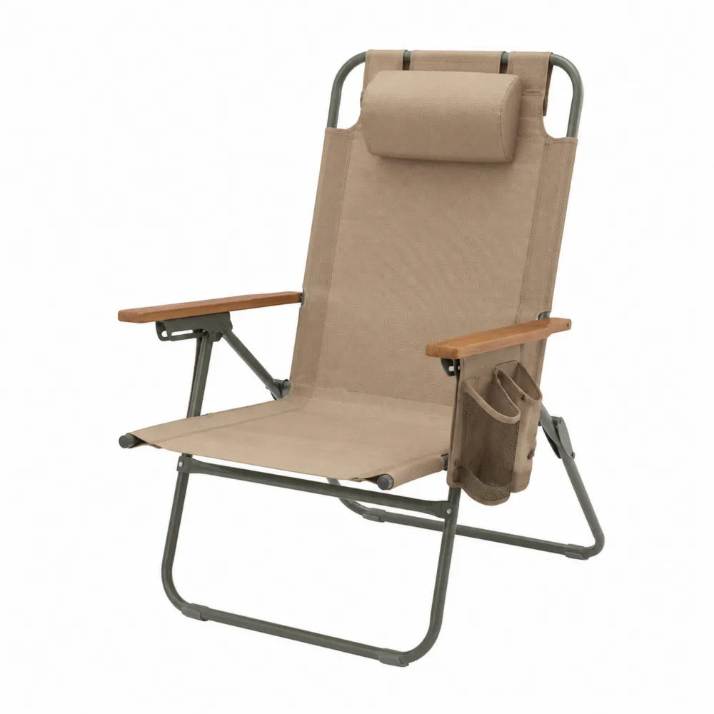 Chaise de jardin pliante inclinable 72 x 90 x 112 cm structure en acier thermolaqué textilène beige accoudoirs en bois naturel gris foncé
