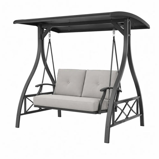 Balancelle de jardin 2 places 180 x 120 x 170 cm acier thermolaqué gris anthracite avec auvent et coussins gris clair