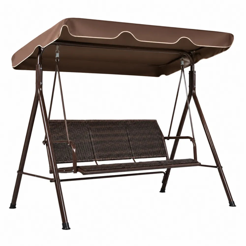 Balancelle de jardin 3 places 170 x 110 x 153 cm structure en acier thermolaqué marron assise en résine tressée polyéthylène toit polyester marron