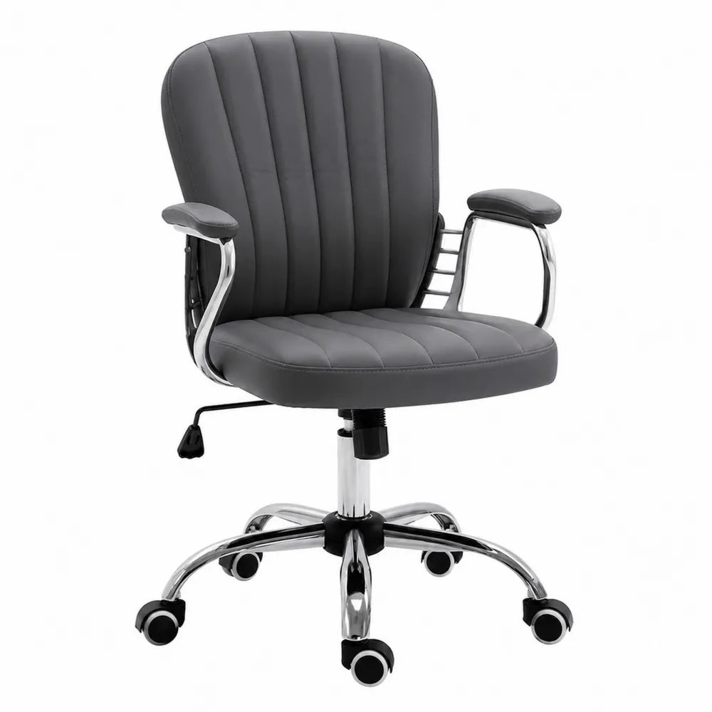 Chaise de bureau à roulettes réglable en hauteur 62 x 62 x 94 cm revêtement PU gris avec accoudoirs piètement acier chromé