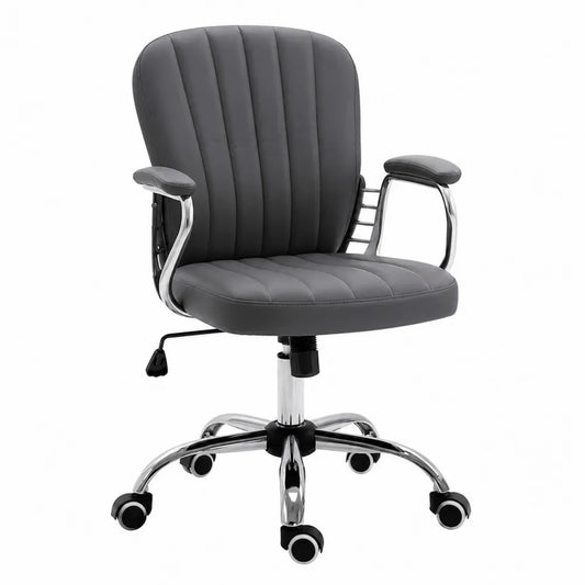 Chaise de bureau à roulettes réglable en hauteur 62 x 62 x 94 cm revêtement PU gris avec accoudoirs piètement acier chromé