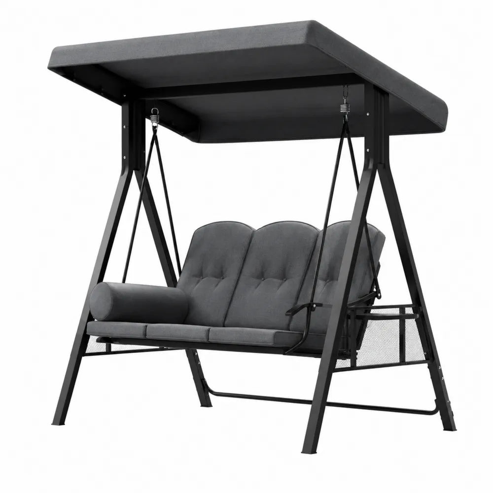 Balancelle de jardin 3 places avec toit 188 x 120 x 178 cm acier noir coussins gris anthracite assise suspendue