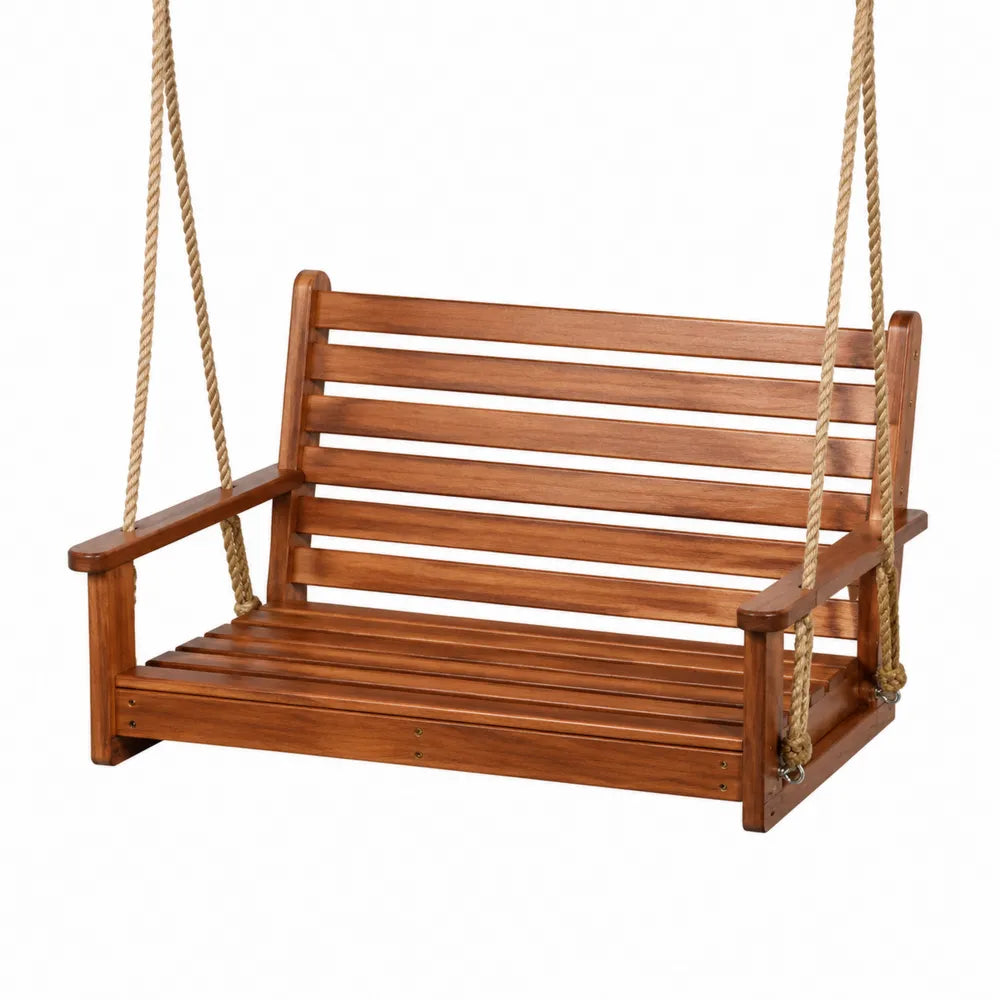 Banc suspendu de jardin 2 places 130 x 65 x 60 cm en bois d'acacia massif corde polypropylène naturel avec accoudoirs