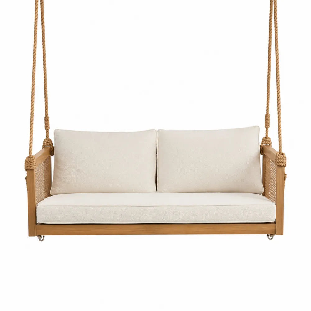 Banc suspendu de jardin 2 places 150 x 70 x 60 cm bois d'acacia massif coussins polyester beige corde de suspension naturel