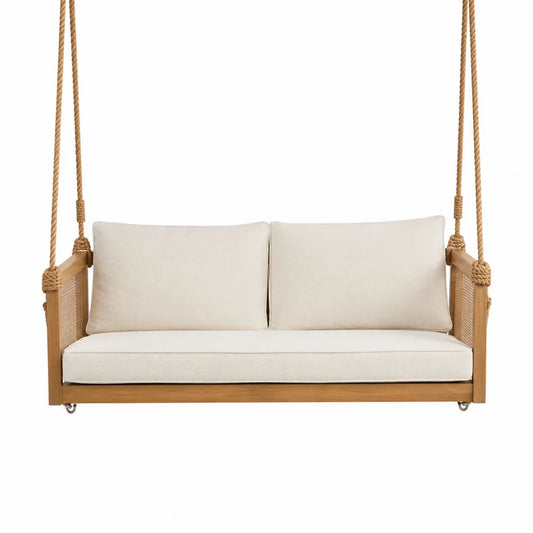 Banc suspendu de jardin 2 places 150 x 70 x 60 cm bois d'acacia massif coussins polyester beige corde de suspension naturel