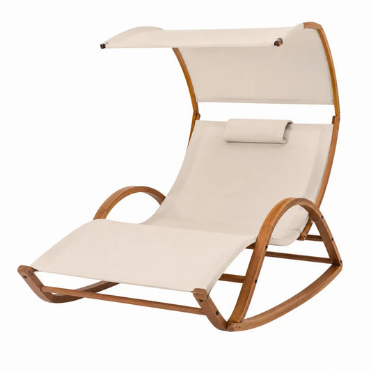 Chaise longue de jardin basculante avec auvent 190 x 70 x 120 cm en bois naturel coussin polyester beige