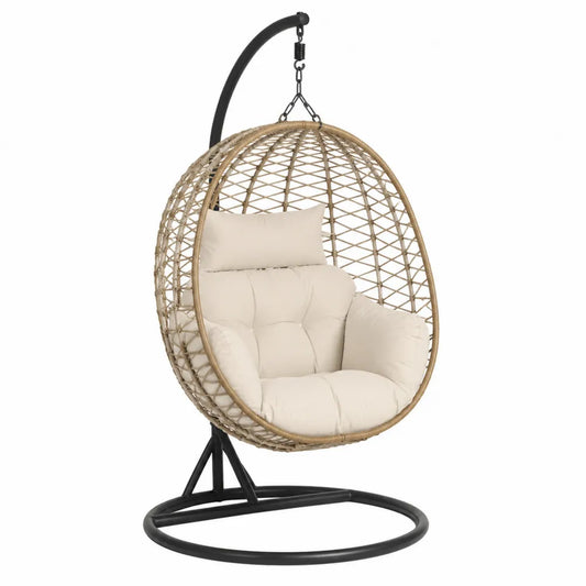 Fauteuil suspendu de jardin œuf 105 x 105 x 196 cm résine tressée beige structure acier noir coussins écru avec support autoportant