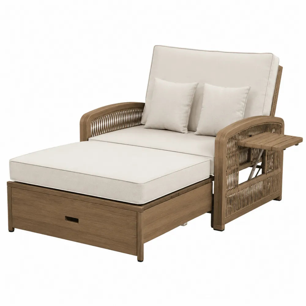 Chaise longue de jardin avec roulettes tablette latérale et rangement bois naturel corde tressée coussins beige